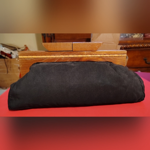 Vintage Handbags - Vtg Black Soft Pouch Wooden Big Clutch Bag